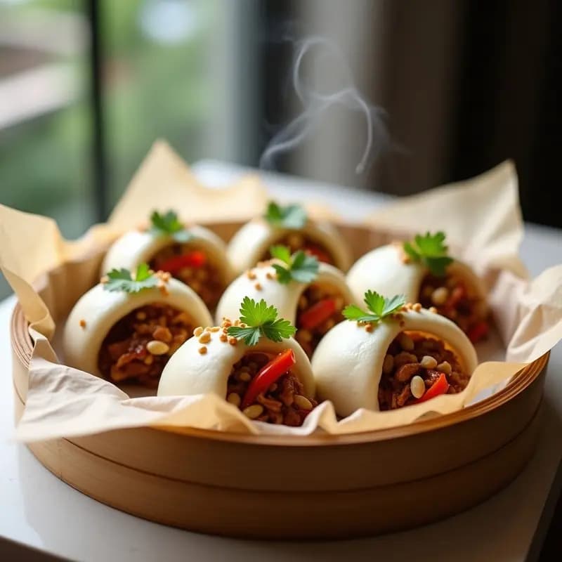 Bao veganos de jackfruit desmenuzado al vapor, con masa esponjosa y relleno jugoso, servidos en una vaporera de bambú. Bañados en salsa hoisin casera brillante, decorados con semillas de sésamo tostadas, cilantro fresco y un toque de pimienta de Sichuan. Plato tradicional chino-taiwanés con textura tierna y aroma a ajo y jengibre.