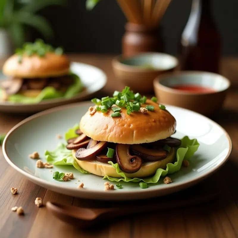 Bao vegano de leche de coco y champiñones al vapor, dispuestos en una vaporera de bambú sobre hojas de plátano, con relleno jugoso visible y cilantro fresco espolvoreado.