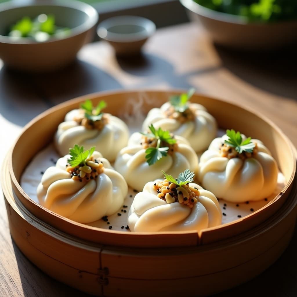 Bao vegano de loto y anacardos al vapor en una cesta de bambú, con masa esponjosa y relleno cremoso de cubos de loto y anacardos, decorados con semillas de sésamo negro y cilantro fresco. Receta china sin gluten en olla express.