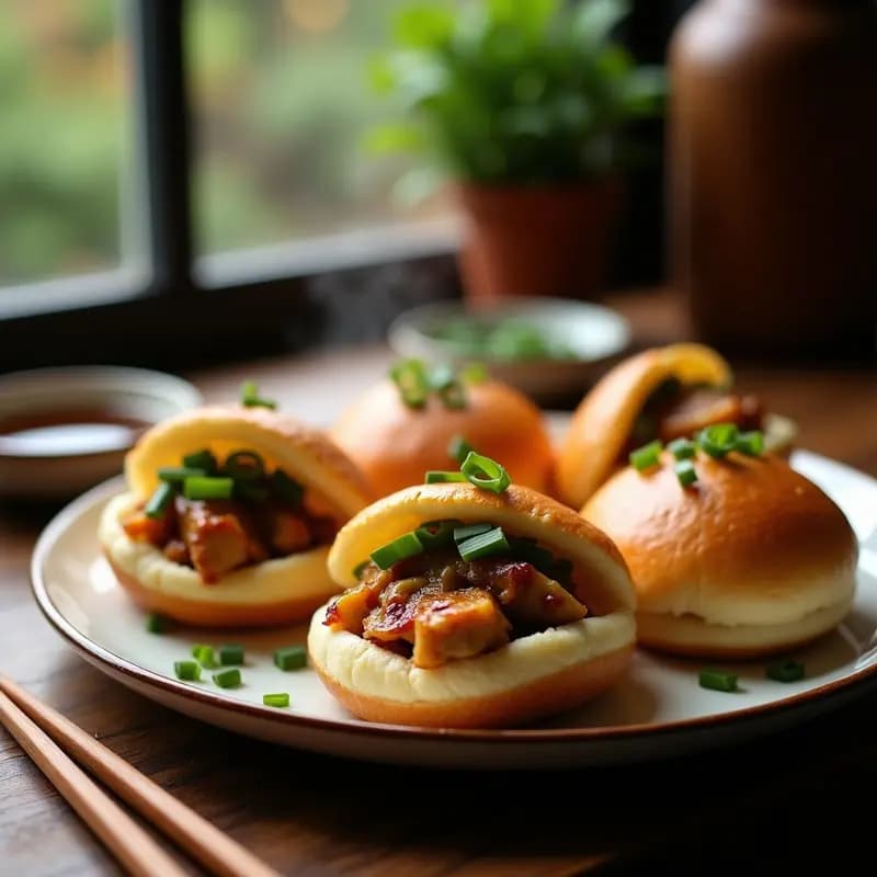 Bao vegano al vapor relleno de pollo de seitán marinado y pepinillos encurtidos crujientes, servido en plato de bambú con cilantro fresco y semillas de sésamo.