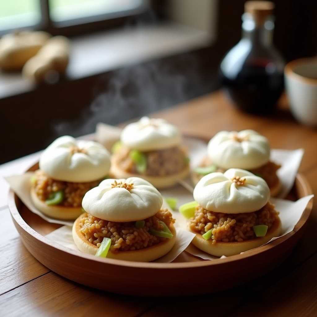 Plato de bambú con bao vegano de setas y col china al vapor, masa blanca y esponjosa rellena de una mezcla dorada de setas shiitake y col china, decorados con semillas de sésamo y servidos sobre hojas de papel de hornear.
