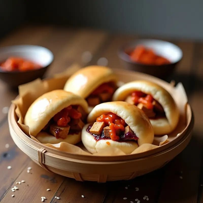 Bao veganos al vapor rellenos de tofu ahumado y kimchi, servidos en una cesta de bambú con salsa sriracha brillante por encima. Plato tradicional chino adaptado para airfryer.