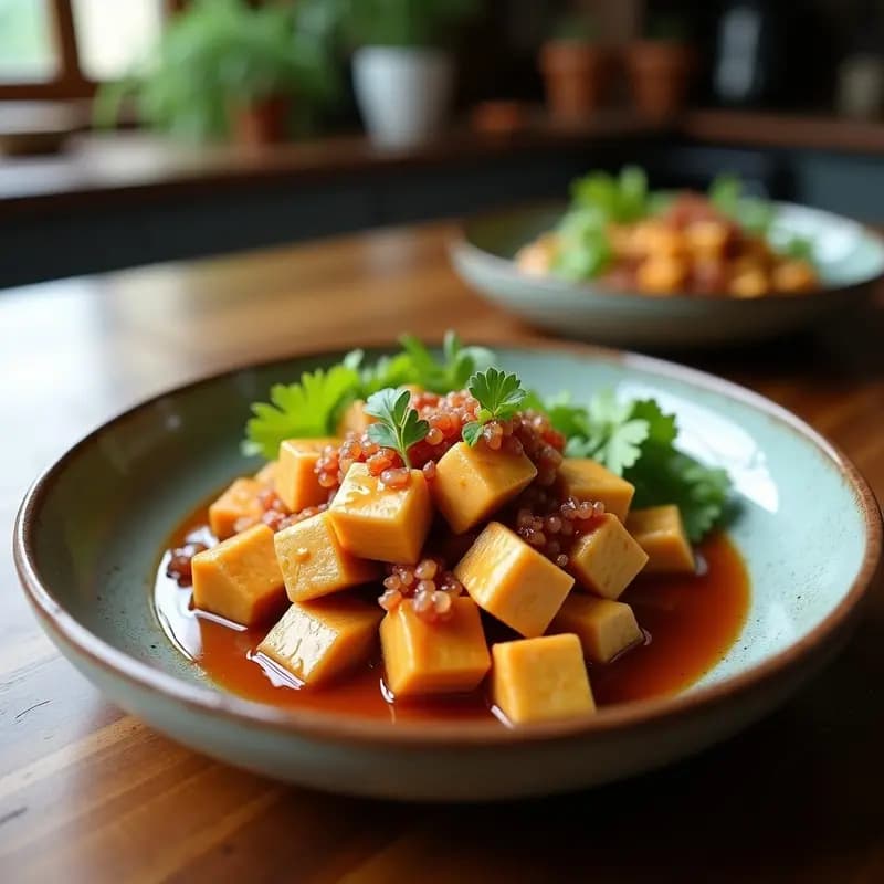 Bao veganos al vapor en Airfryer rellenos de tofu marinado en salsa de soja y encurtidos de rábano daikon y zanahoria, decorados con hojas de cilantro y semillas de sésamo, con un fondo de vapor y textura esponjosa.