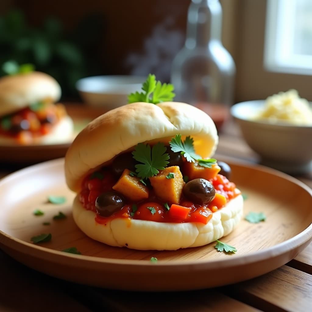 Bao vegano al vapor relleno de shakshuka de berenjena, con masa esponjosa y dorada, servido en plato de bambú con cilantro fresco. Receta china en airfryer con tofu desmenuzado y especias ahumadas.
