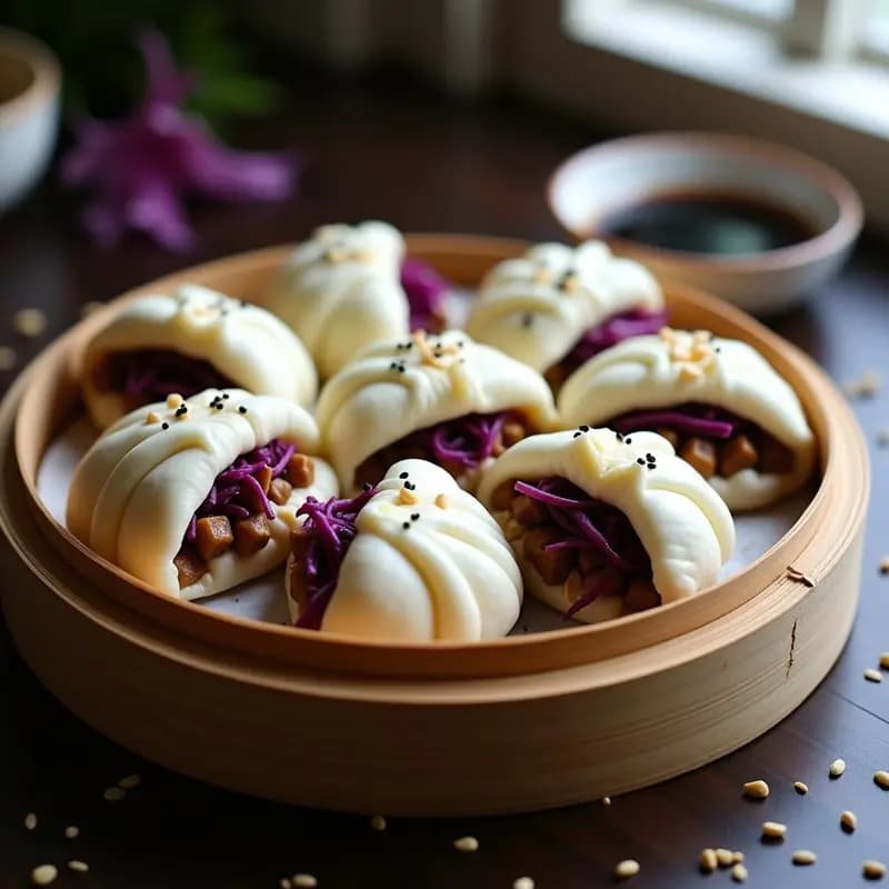 Bao veganos al vapor con relleno de champiñones portobello y repollo morado, servidos en una canasta de bambú sobre fondo de madera oscura, receta china en olla rápida.