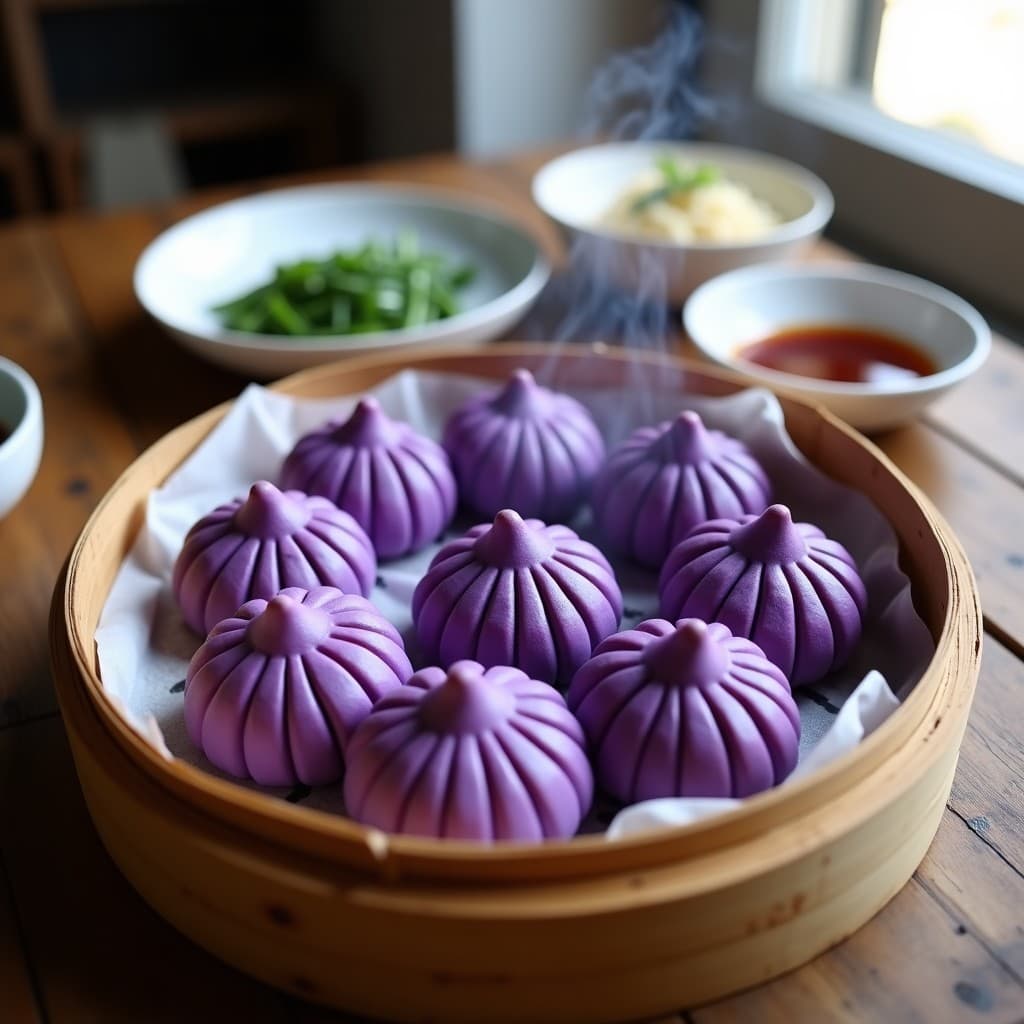 Bao veganos al vapor de masa morada vibrante rellenos de tofu ternura esponjoso, servidos en una vaporera de bambú con salsa hoisin brillante y cebollino fresco, receta china tradicional y saludable.