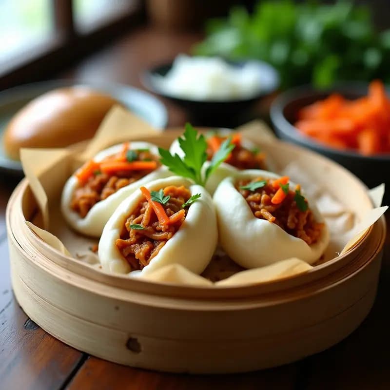 Bao veganos al vapor con relleno de jackfruit BBQ dorado y encurtidos de daikon y pepino, sobre plato de bambú con hierbas frescas.
