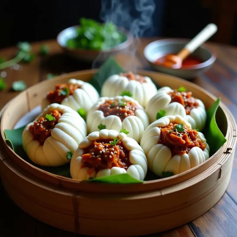 Bao veganos al vapor rellenos de jackfruit BBQ sobre hoja de plátano, con semillas de sésamo y cilantro fresco, servidos en vaporera de bambú.