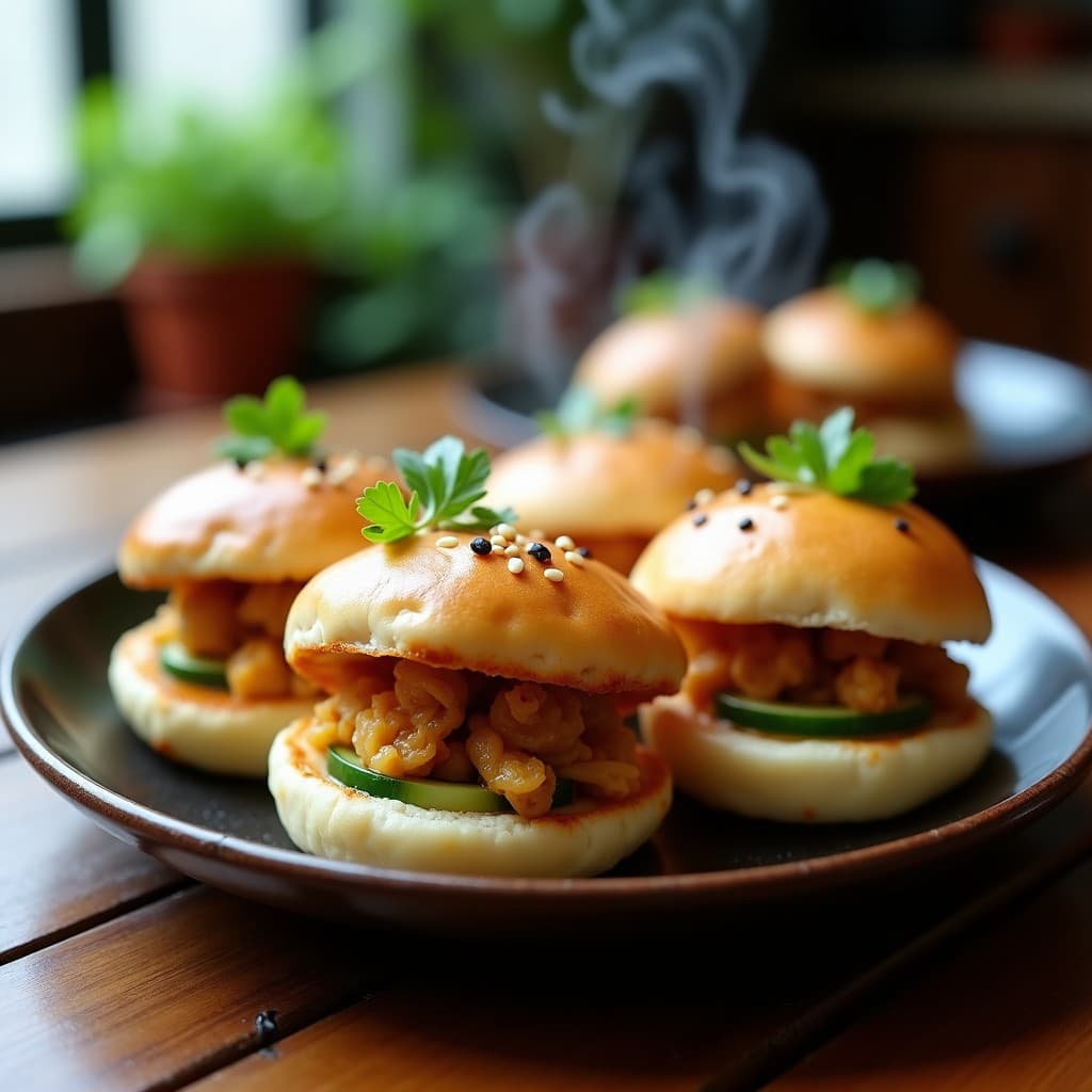 Bao veganos al vapor con relleno de jackfruit y colinabo, dorados por debajo, decorados con semillas de sésamo y cilantro fresco, servidos en un plato de bambú sobre un mantel oscuro.