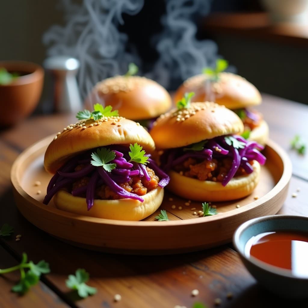 Bao veganos dorados y esponjosos rellenos de jackfruit y repollo morado, servidos en una bandeja de bambú con salsa hoisin de dátiles y semillas de sésamo, receta china en airfryer.