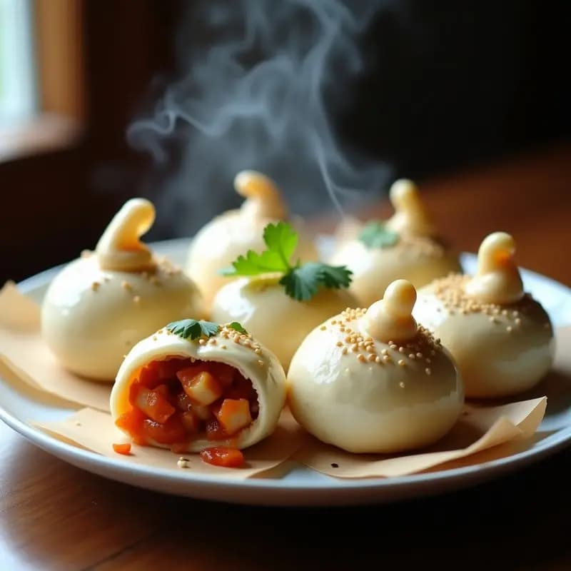 Plato blanco con bao veganos al vapor rellenos de jackfruit y kimchi, masa esponjosa y brillante, decorados con semillas de sésamo y cilantro fresco. Receta china sin carnes, servidos en papel de hornear sobre fondo de madera oscura.