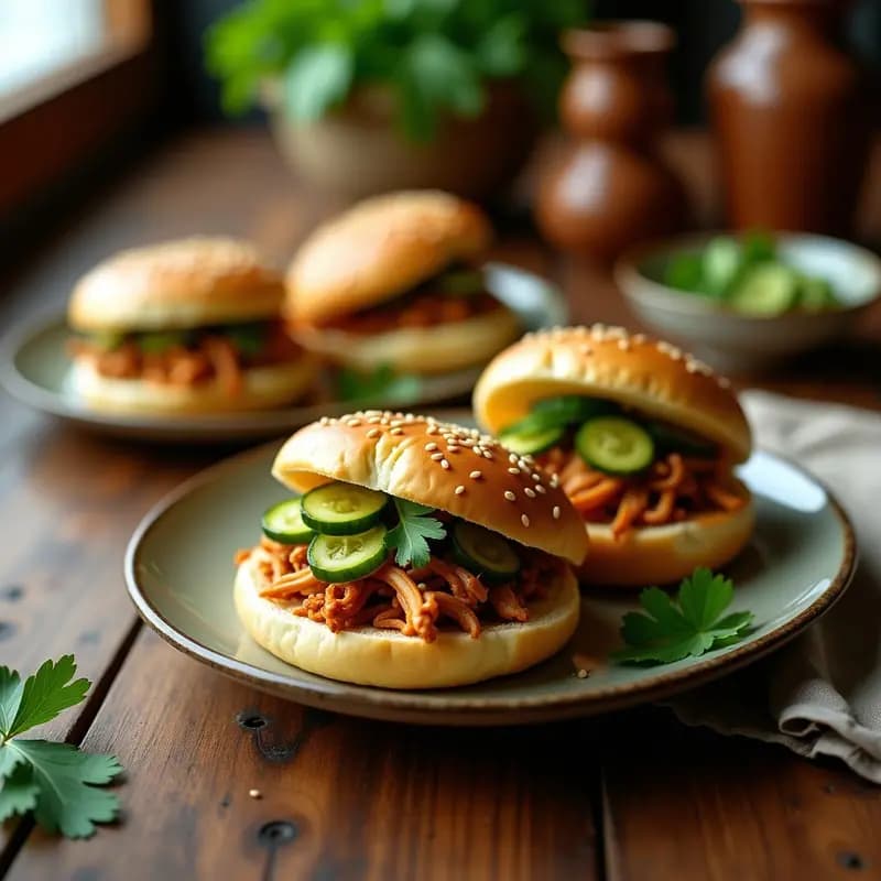 Bao veganos de pollo de seitán y pepino enescabechado en airfryer, con masa esponjosa dorada, relleno jugoso de seitán marinado y pepino en rodajas brillantes, decorados con semillas de sésamo y cilantro fresco sobre fondo de madera.