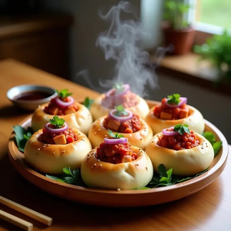 Bao veganos de tofu marinado y kimchi en airfryer sin gluten, servidos en un plato de bambú con semillas de sésamo y cebollino. Los buns son esponjosos y dorados, rellenos de tofu brillante y kimchi colorido.