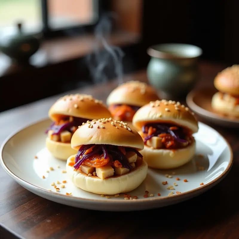 Plato blanco con bao veganos de tofu y kimchi al vapor, masa fermentada esponjosa y relleno jugoso con semillas de sésamo, receta china en olla a presión.