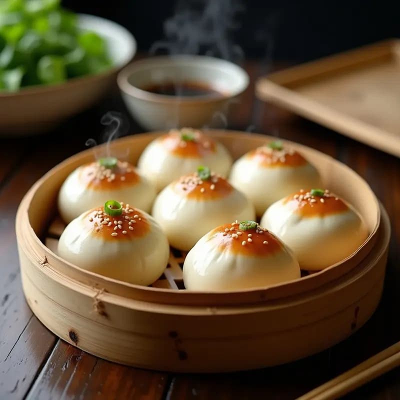 Bao veganos al vapor rellenos de champiñones y water chestnut, servidos en una vaporera de bambú con semillas de sésamo y cebollino, receta china sin gluten.