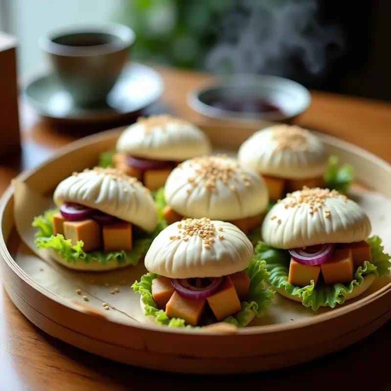 Bao veganos al vapor en vaporera de bambú, panecillos esponjosos rellenos de tofu dorado y setas shiitake salteadas, decorados con cilantro fresco y semillas de sésamo.