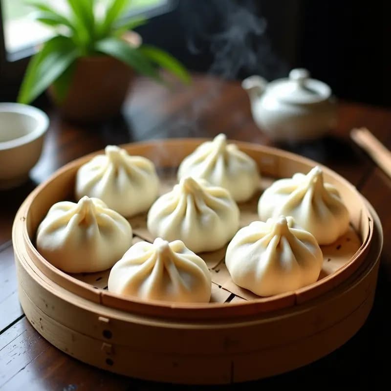 Panecillos chinos al vapor B林菜包 rellenos de hongos shiitake y repollo napa, servidos en un colador de bambú con hojas de lechuga y salsa hoisin al lado.