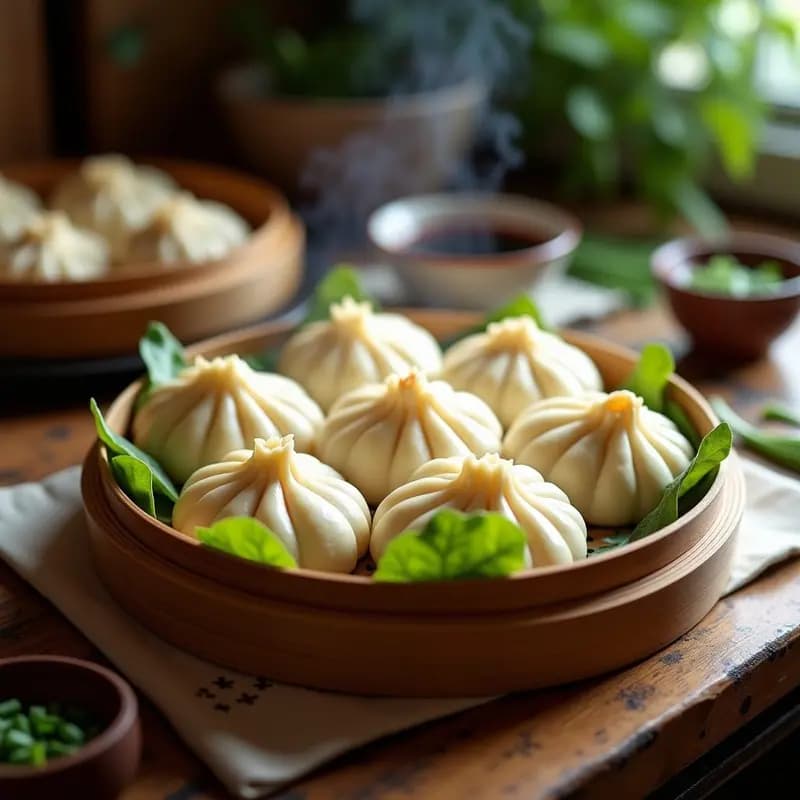 BAo Zi chinos al vapor rellenos de cerdo y repollo, dispuesos en una vaporera de bambú sobre papel de hornear, con un fondo de vapor y acompañados de salsa de soja y cebollino fresco.
