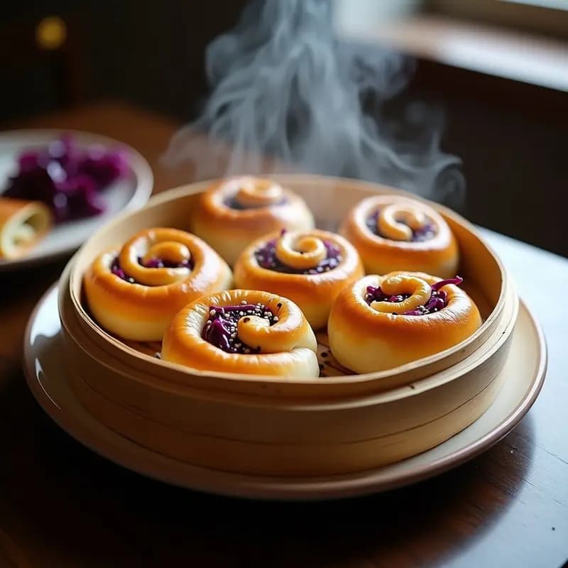 Seis Bao Zi Chinos al Vapor con Pollo Teriyaki y Repollo Morado dispuestos en una vaporera de bambú, masa esponjosa y brillante con pliegues perfectos, relleno jugoso asomando ligeramente, espolvoreados con semillas de sésamo negro y blanco.