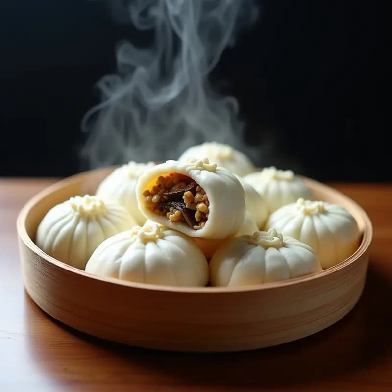 Buns de baogu al vapor rellenos de tofu desmenuzado y setas shiitake salteadas, con masa esponjosa y brillante, servidos en una canasta de bambú sobre fondo oscuro.