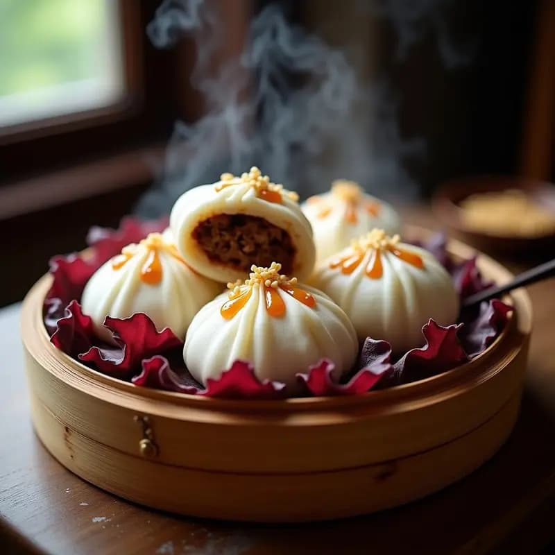 Baos de cerdo asado y hoisin al vapor en Thermomix, servidos sobre hojas de perilla con semillas de sésamo tostadas, receta china tradicional jugosa y esponjosa.