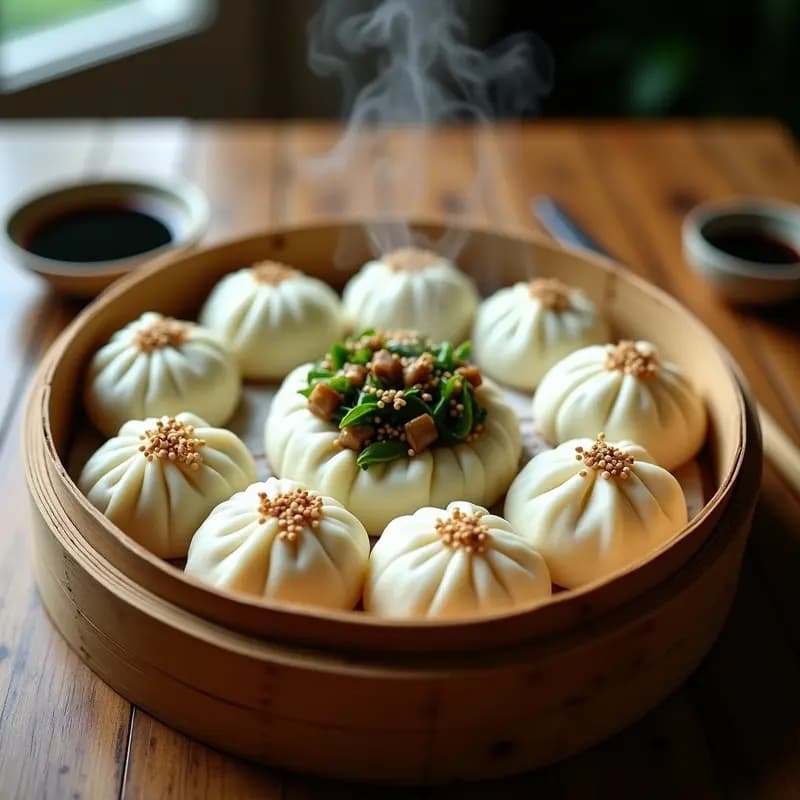 Baos al vapor veganos y sin gluten rellenos de champiñones portobello y bok choy, dispuestos en una vaporera de bambú con semillas de sésamo espolvoreadas.