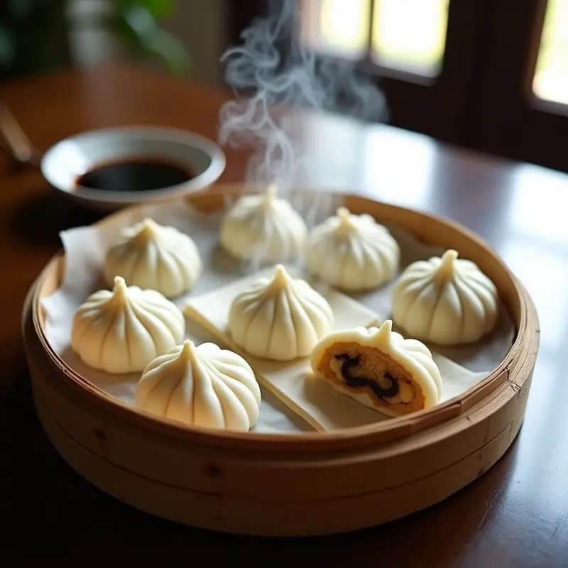 Baozi chinos al vapor con relleno de anacardos y champiñones, servidos en vaporera de bambú, receta vegana y esponjosa.