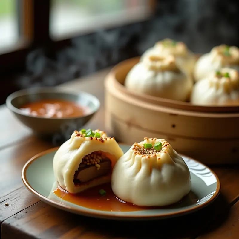Vaporera de bambú con baozi de cerdo y bambú recién cocinados al vapor, con su masa blanca y esponjosa y relleno jugoso. Acompañados de un bol pequeño con salsa de sésamo cremosa y semillas tostadas, sobre una mesa de madera rústica.