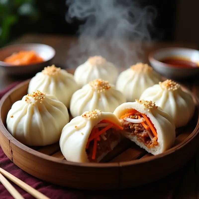 Vaporera de bambú con baozi al vapor de cerdo BBQ y encurtidos, panecillos chinos esponjosos rellenos de cerdo glaseado y verduras encurtidas coloridas, servidos en plato de madera con salsa picante al lado.