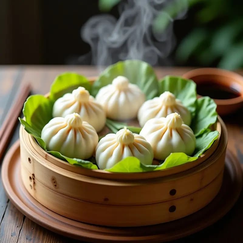 Baozi de cerdo y col china al vapor servidos en una cesta de bambú, con masa esponjosa y relleno jugoso, acompañados de salsa de soja y cebolla verde picada.