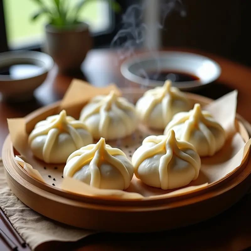 Baozi al vapor de cerdo ibérico y repollo morado dispuestos en una fuente de bambú, con la masa esponjosa y brillante, y el relleno jugoso asomando por los pliegues. Acompañados de salsa hoisin y decorados con semillas de sésamo negro.
