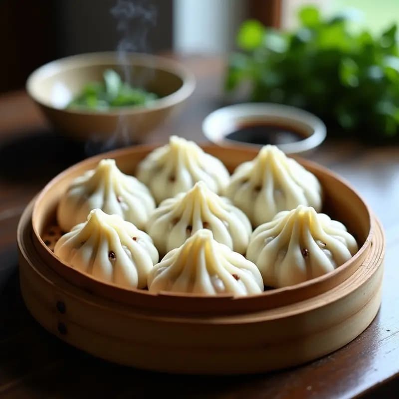 Baozi al vapor veganos con masa esponjosa y relleno de champiñones portobello y brotes de bamboo, servidos en un vaporizador de bambú sobre papel de hornear, con cebollino fresco picado.