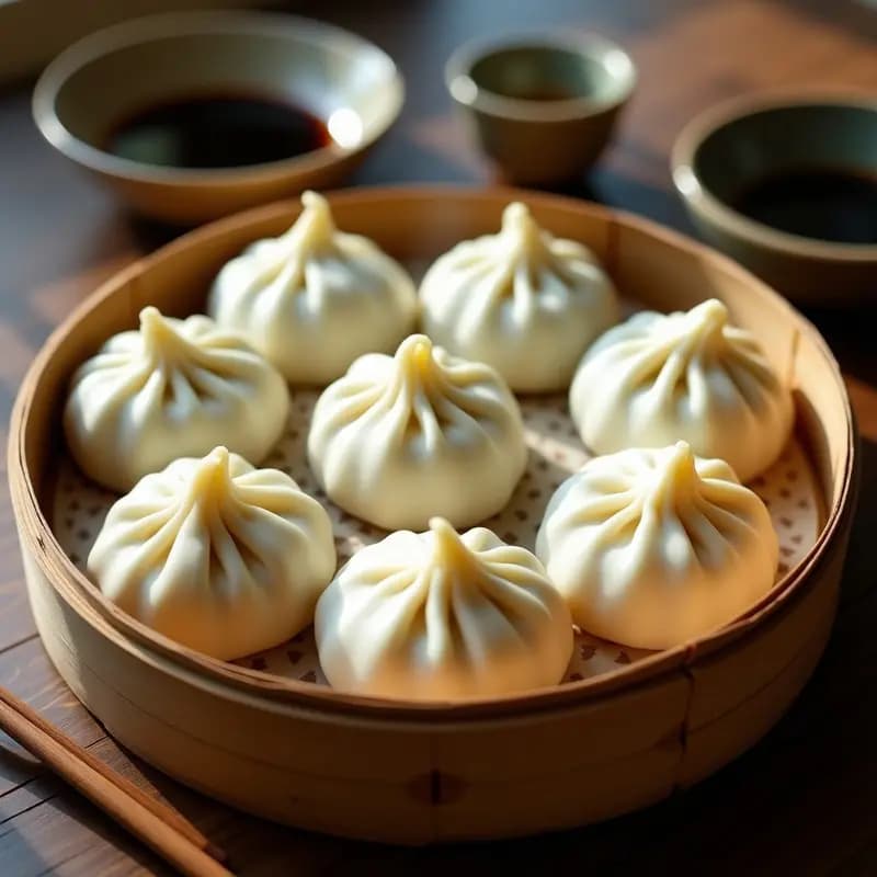 Baozi veganos al vapor en una vaporera de bambú, rellenos de champiñones portobello y bok choy, con un brillo suave por el aceite de sésamo, servidos en un plato de cerámica blanca con salsa de soja al lado.