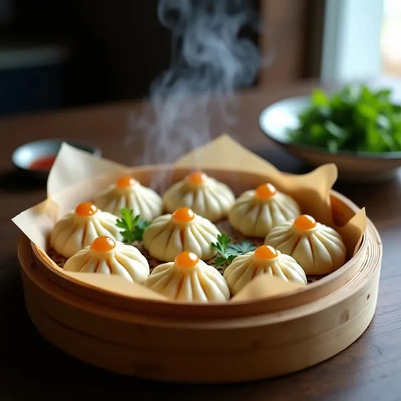 Panecillos chinos baozi al vapor veganos con relleno de hongos shiitake, dispuestos en una vaporera de bambú sobre papel de hornear, con detalles de hojas de nori y pimienta de Sichuan espolvoreada.