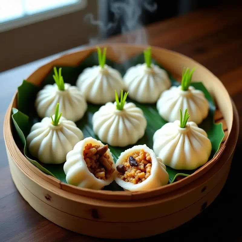 Baozi veganos al vapor con masa esponjosa de harina de arroz, rellenos de jackfruit desmenuzado y hongos shiitake, decorados con semillas de sésamo y cilantro fresco sobre hoja de plátano.