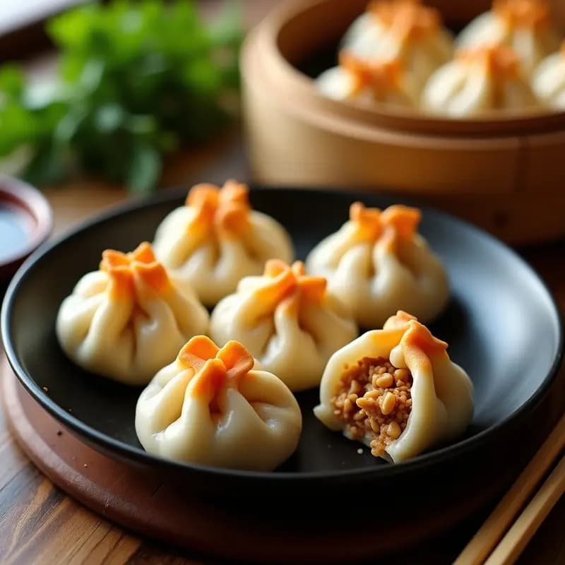 Baozi chinos al vapor en una vaporera de bambú, con masa esponjosa y relleno de pollo y cacahuetes tostados, servidos sobre un plato de cerámica oscura con cilantro fresco y salsa de soja al lado.