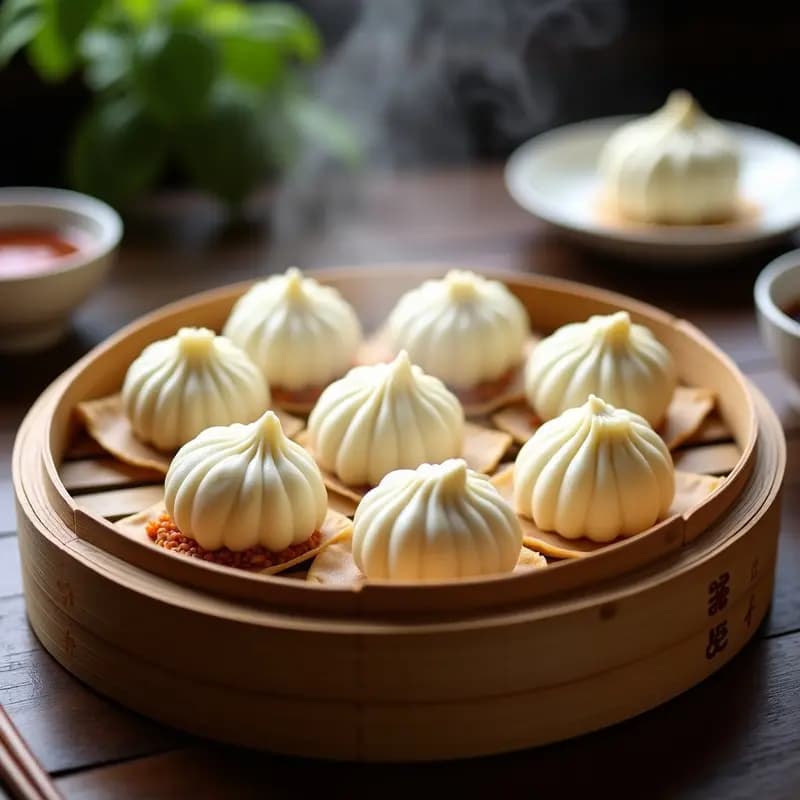 Baozi al vapor rellenos de cerdo asado y cacahuetes, dispuestos en vaporera de bambú con papel de hornear, mostrando su masa esponjosa y pliegues característicos en la parte superior.