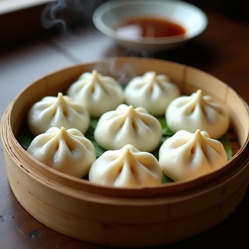 Baozi al vapor rellenos de cerdo y shitake dispuestos en una vaporera de bambú, con masa esponjosa y brillante, relleno jugoso asomando ligeramente. Plato tradicional chino servido sobre hoja de lechuga.