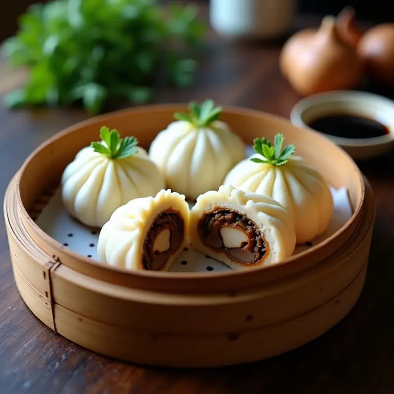 Baozi al vapor con relleno de hongos shiitake veganos, masa esponjosa y brillante, rellenos jugosos, servidos en vaporera de bambú con hojas de cilantro fresco.