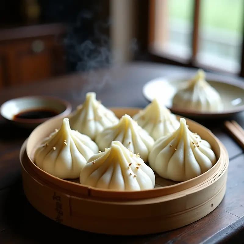 Baozi al vapor veganos rellenos de tofu y repollo, con masa esponjosa y dorada, servidos en una vaporera de bambú sobre hoja de plátano, acompañados de salsa de soja y semillas de sésamo.
