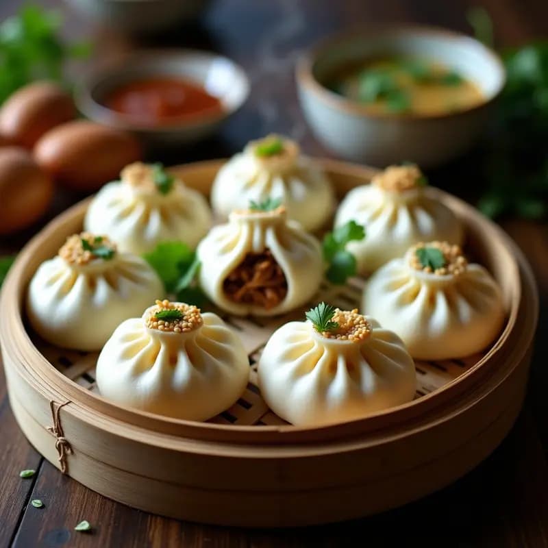 Vaporera de bambú con baozi veganos de cerdo de jackfruit al vapor, buns esponjosos y brillantes rellenos de jackfruit desmenuzado, acompañados de encurtido de cebolla morada y semillas de sésamo, sobre fondo de madera oscura.