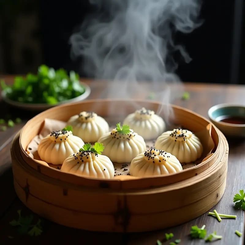 Baozi veganos de champiñones y repollo al vapor sin harina, dispuestos en vaporera de bambú con semillas de sésamo negro, sobre fondo de madera oscura con hojas de cilantro.