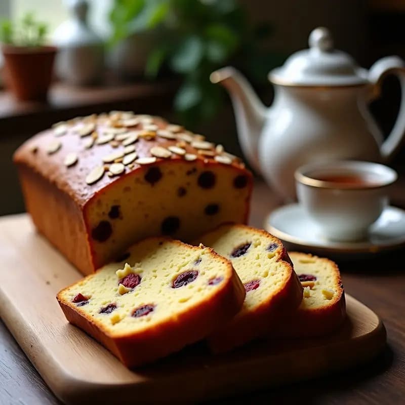 Pan de Bara Brith galés sin gluten cortado en rebanadas gruesas, con frutas secas visibles y un glaseado brillante de miel. Servido en una tabla de madera rústica con una taza de té negro al fondo.