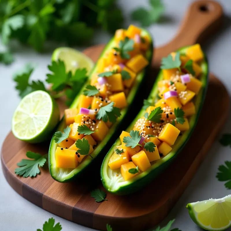 Barquitos de pepino verde rellenos de ceviche de mango naranja y aguacate cremoso, decorados con semillas de sésamo y cilantro fresco, servidos en una tabla de madera con rodajas de limón.