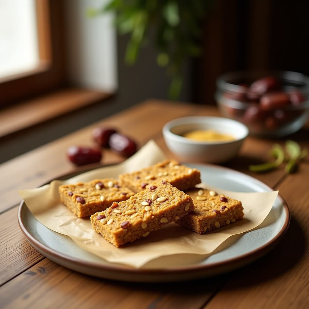 Barras energéticas rectangulares de color dorado y marrón, con semillas de girasol y sésamo visibles, espolvoreadas con coco rallado. Fondo rústico de madera con hojas de cardamomo y dátiles al lado. Snack sin azúcar, vegano y saludable.