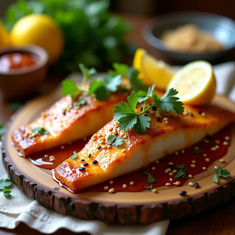 Filetes de barramundi al horno dorados con piel crujiente, bañados en salsa de tamarindo brillante y espolvoreados con cilantro fresco y semillas de sésamo. Plato servido sobre bandeja de madera rústica con gajos de limón asados y hojas de cilantro como decoración.