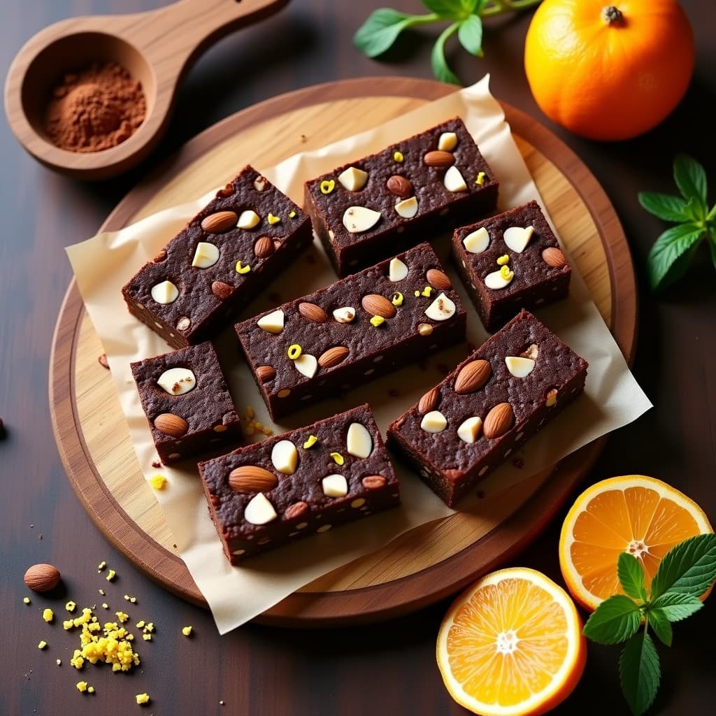 Barras energéticas crudiveganas de cacao y semillas de cáñamo con trocitos de naranja rallada, cortadas en porciones rectangulares, sobre un fondo de madera rústica con copos de coco y semillas esparcidas.