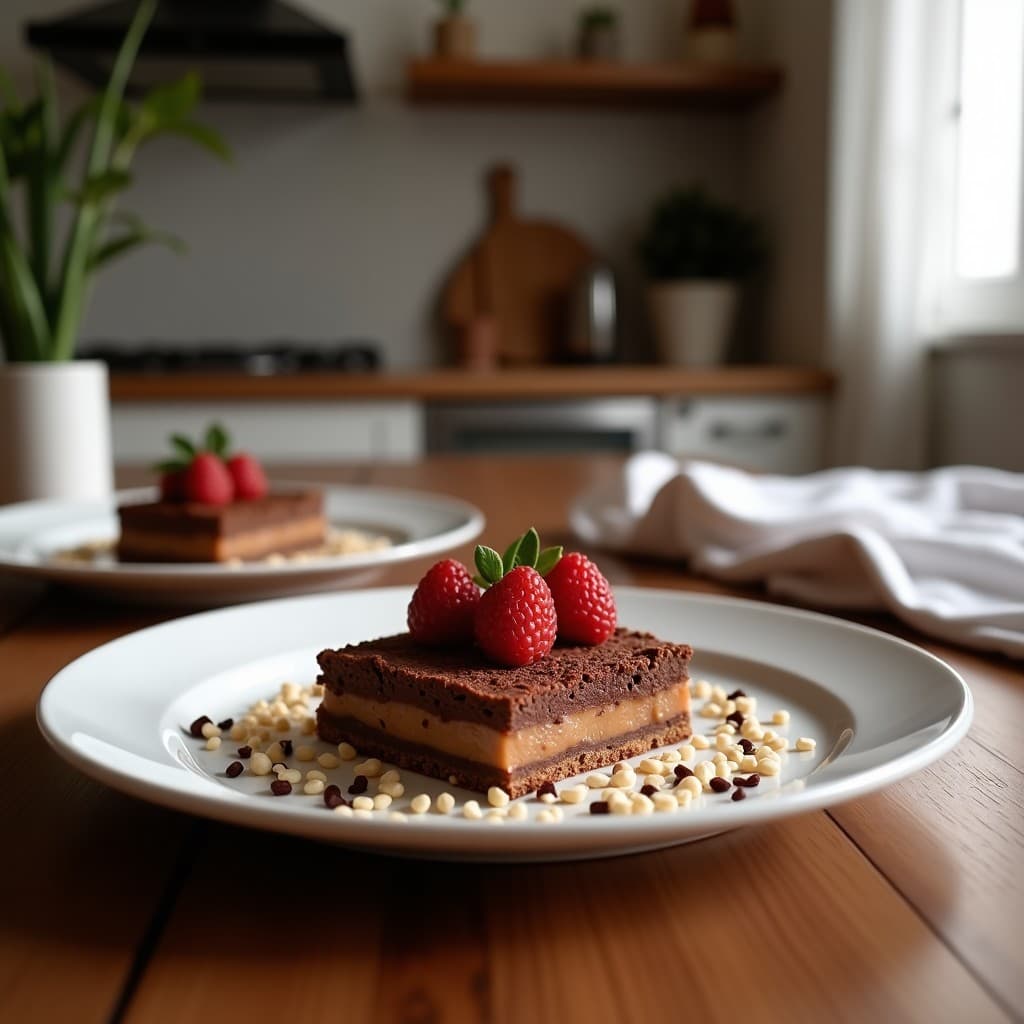Barritas energéticas crudiveganas de frutos secos y cacao con dátiles, cortadas en rectángulos, con coco rallado en la superficie, sobre un plato de madera rústico con fondos de ingredientes dispersos.