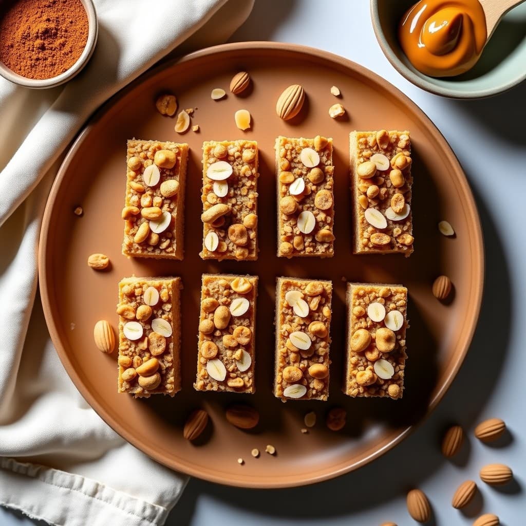 Barritas de avena y polvo de lúcuma con topping de cacahuete, snack peruano alto en fibra, cortadas en rectángulos y apiladas sobre un plato de madera rústica con fondo de lino beige.