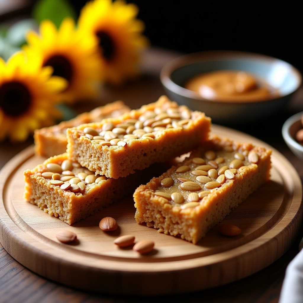 Barritas doradas de avena y proteína de guisante con semillas de girasol, cocinadas en airfryer, dispuestas en una tabla de madera rústica con fondo oscuro.
